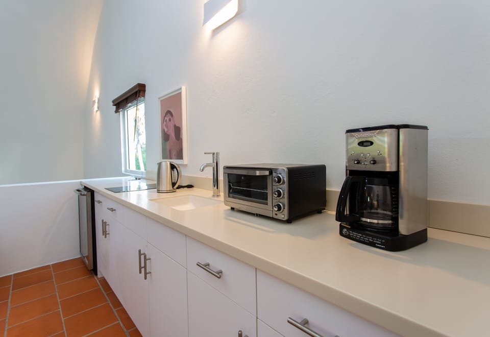Kitchenette with sink, toaster over, minifridge and hotplate