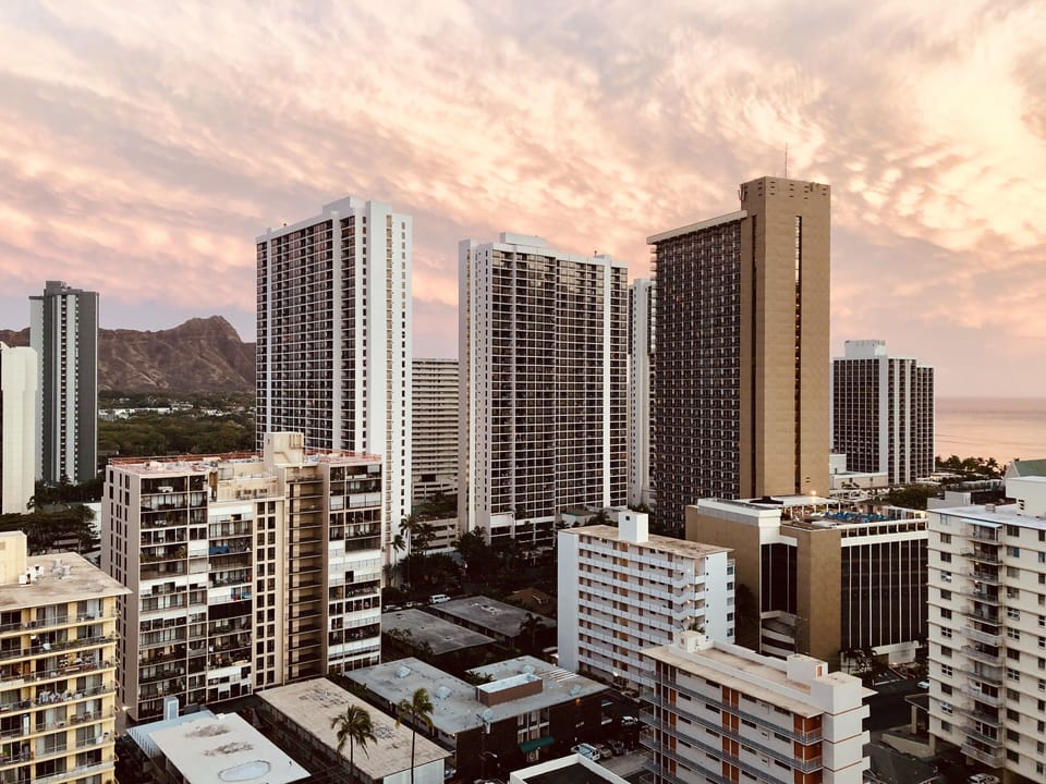 Great view of Diamondhead and the water at sunset from our unit Lanai 
