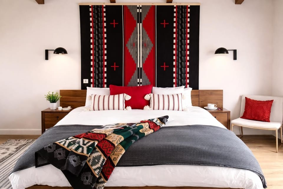 Cozy bedroom with vibrant Southwestern decor and warm lighting