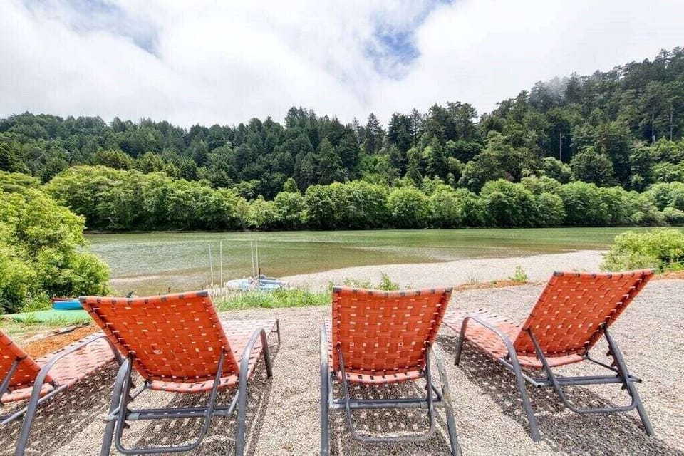 lounge chairs for sun bathing and view of private beach. Please note: The water levels vary with the tide or season, so the appearance of the beach may differ from what is shown in this photo.