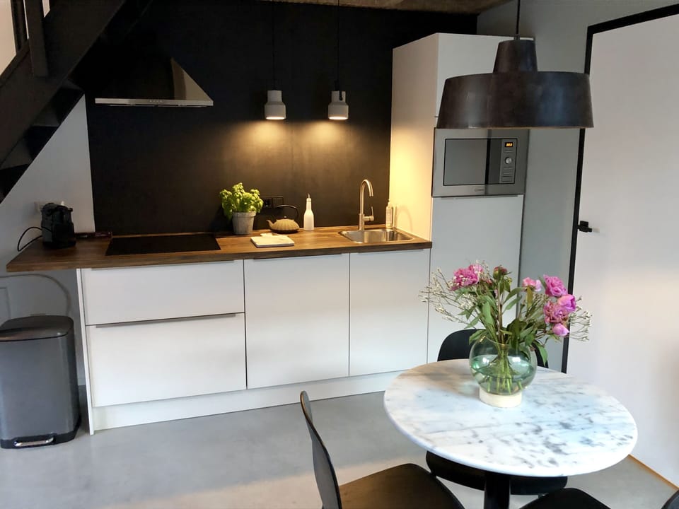 Kitchen with dishwasher, fridge, cooker, dishes. 