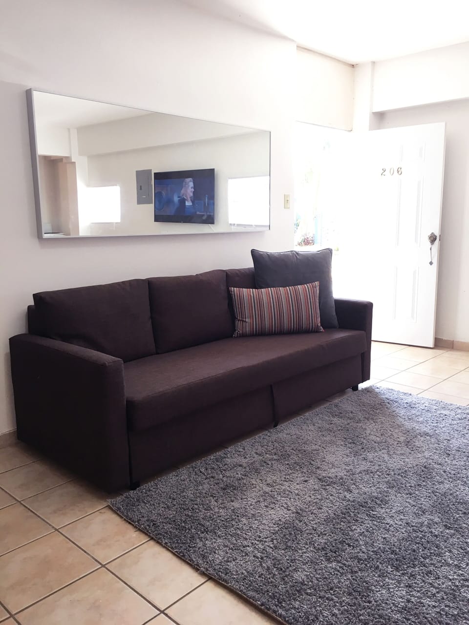 Area de sala que tiene sofá cama Queen para 2 personas y demás indumentaria.