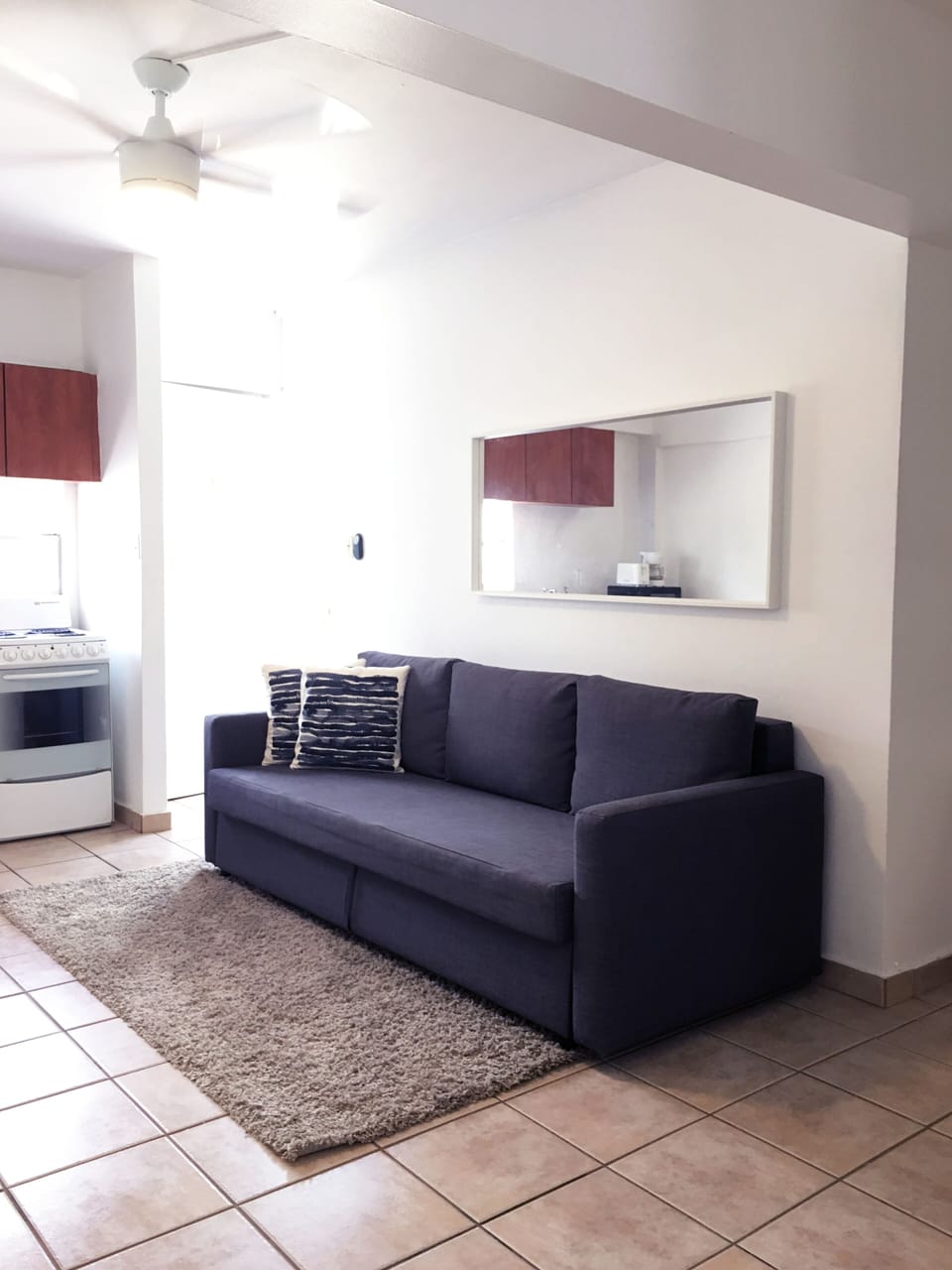 Area de sala que tiene sofá cama Queen para 2 personas y demás indumentaria.