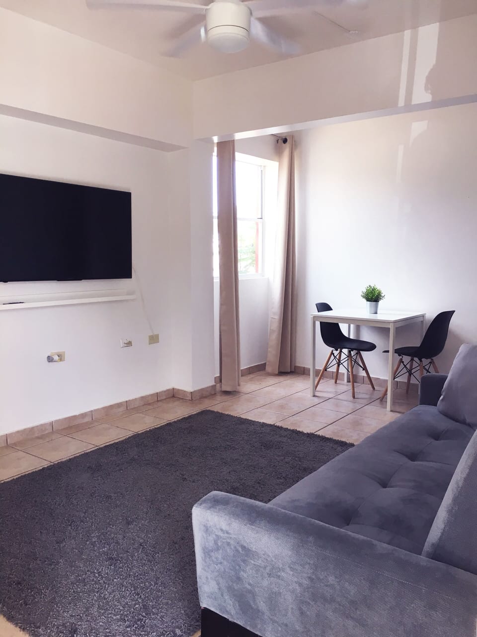 Area de sala que tiene sofá cama Queen para 2 personas y demás indumentaria.