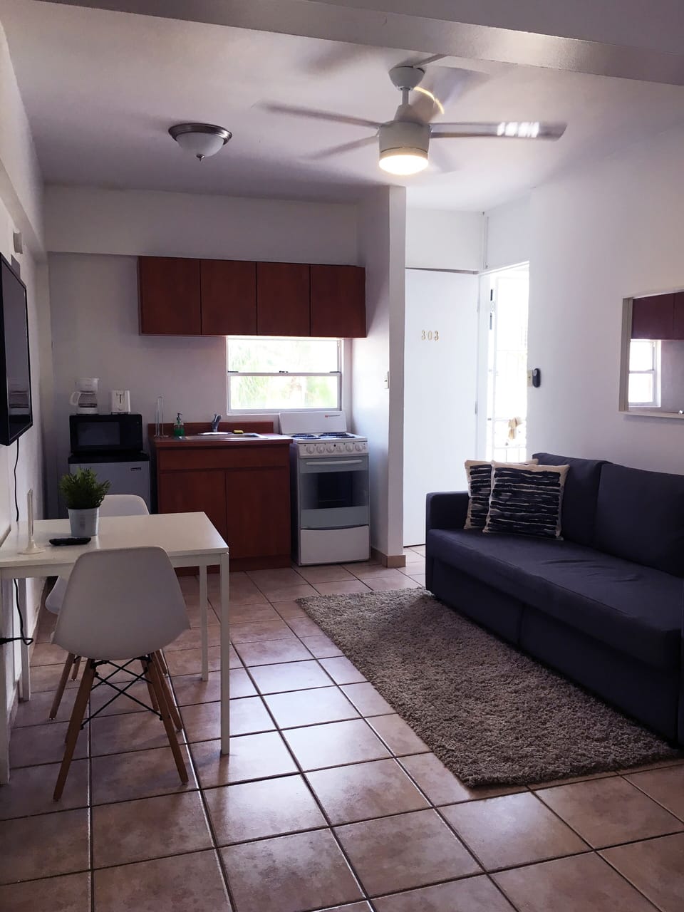 Area de sala que tiene sofá cama Queen para 2 personas y demás indumentaria.