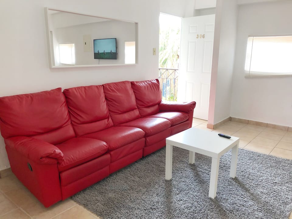 Area de sala que tiene sofá cama Queen para 2 personas y demás indumentaria.