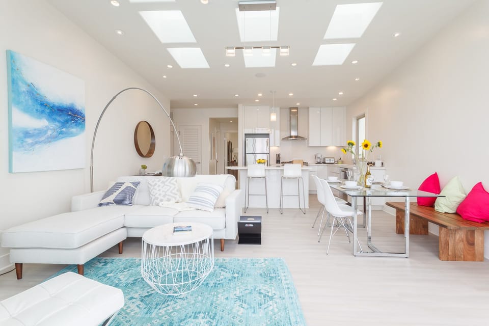Open floor plan with copious skylights creates a space awash in light
