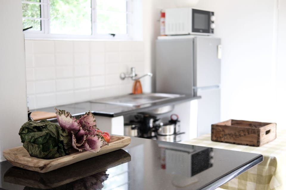 Kitchen with granite tops, sink,  microwave, fridge and gas hob and oven. 