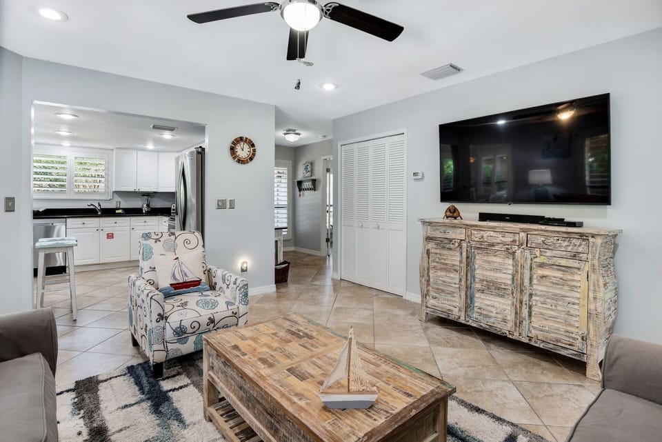 Living room opening into kitchen