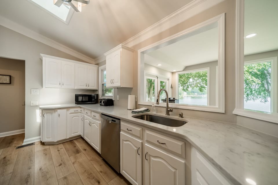 Kitchen with lake views.