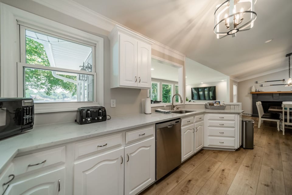 Kitchen with lake views.