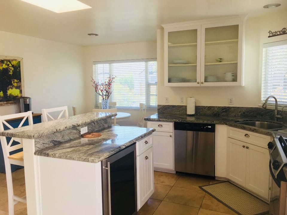 Fully stocked modern kitchen. 