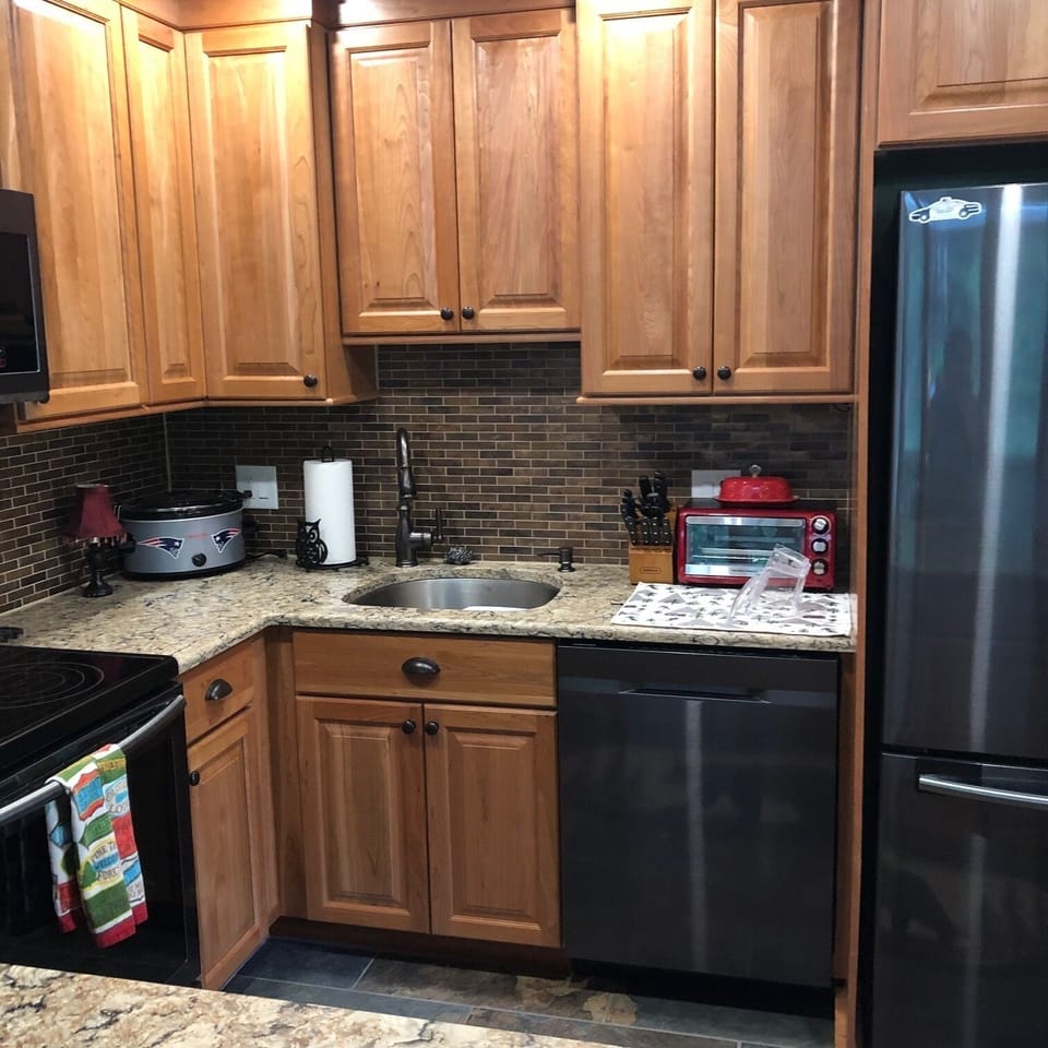 The kitchen is stocked with the appliances you need.