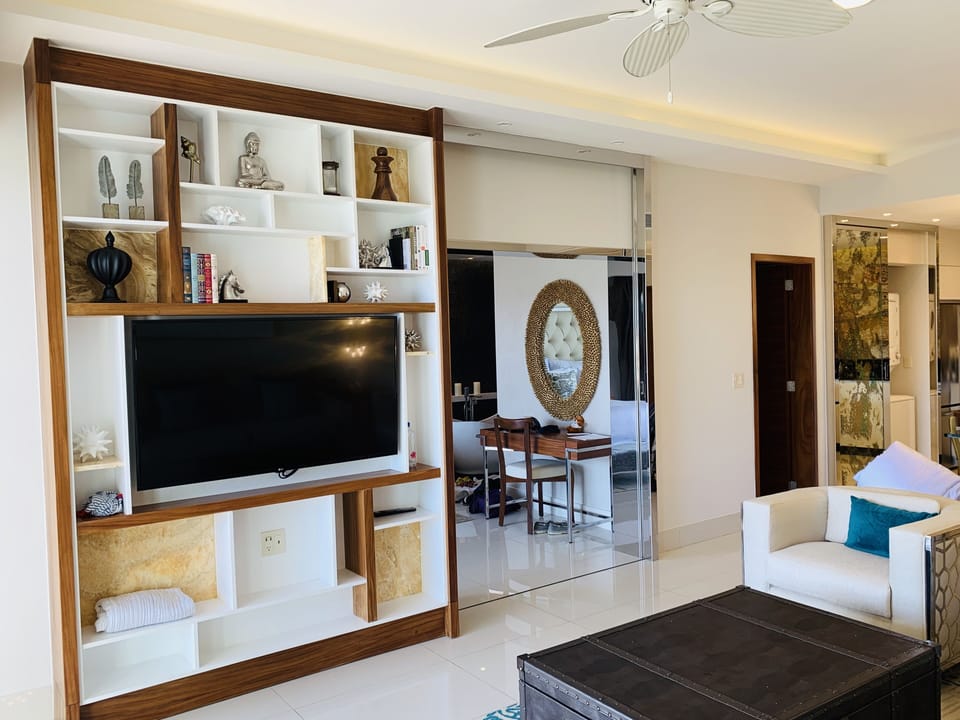 Pocket door opens to master bedroom.  