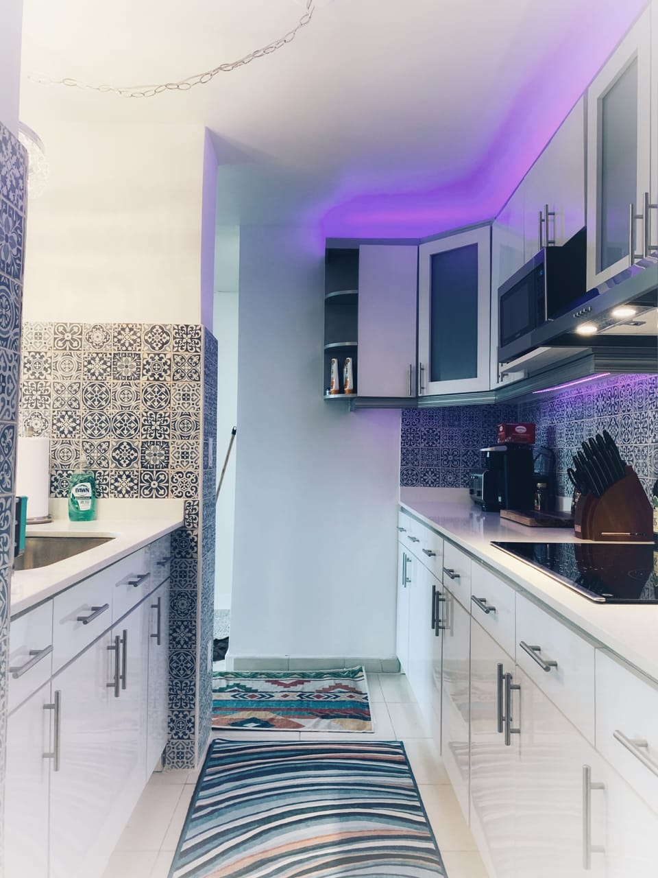 Kitchen with the fun LED lights on 