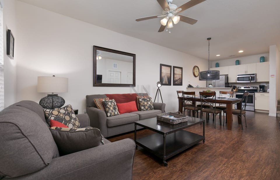 A beautiful perspective of the integrated living room and dining area