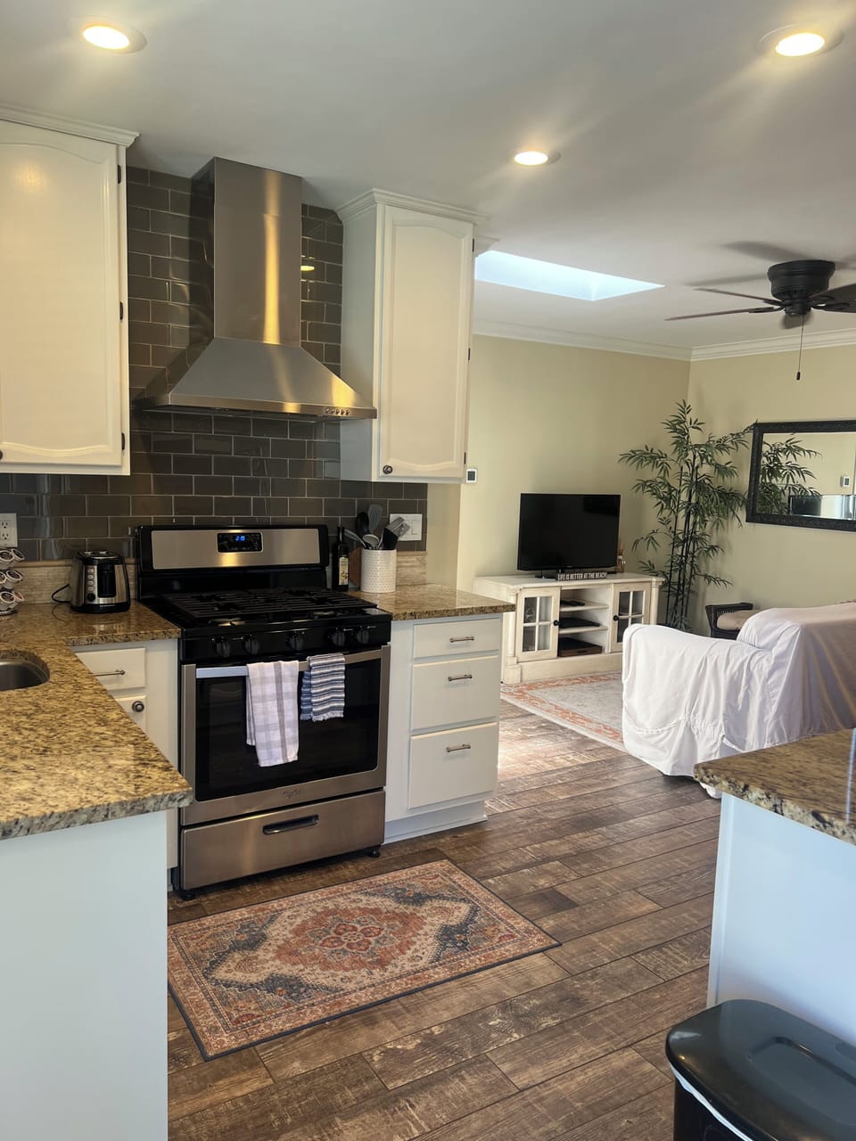 Open area of kitchen, living room, and dining room