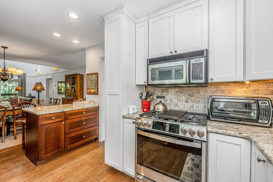 Kitchen stove, microwave, and toaster oven
