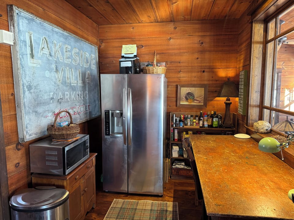 Boathouse food prep area, fridge plus storage