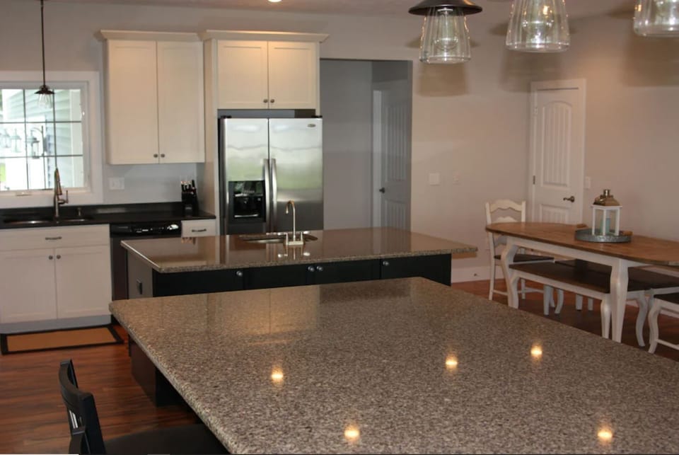 Elevated island, kitchen with island, dining room