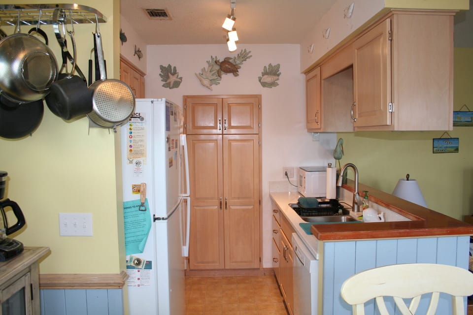 View into kitchen - dishwasher, refrigerator, stove/oven, microwave oven