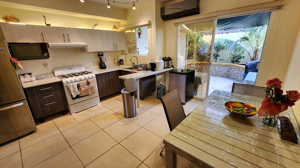 Kitchen with view of rear patio