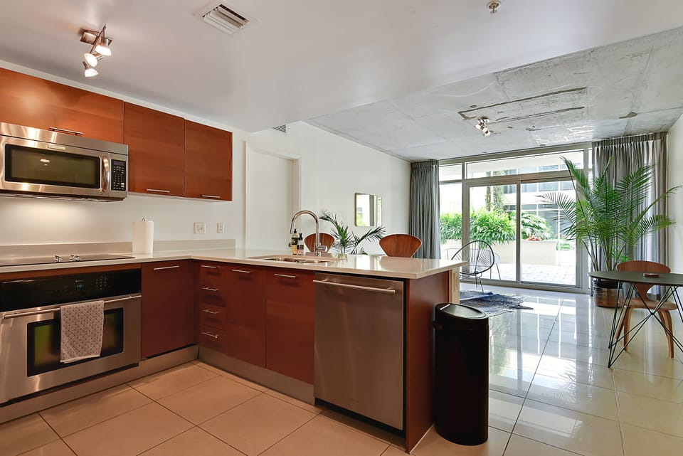 The kitchen is equipped with a family-sized dishwasher for your convenience.