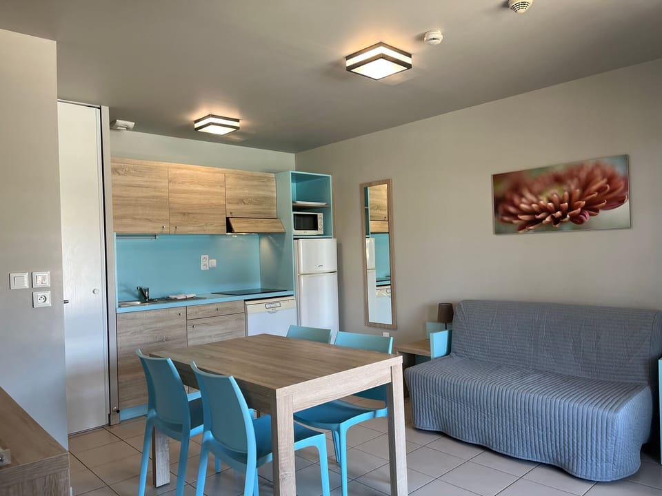 Open-plan living with dining table for 4, kitchenette with ceramic hob, and a sofa bed for extra guests.