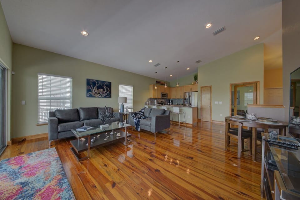 Living, dining, and kitchen all in one open space
