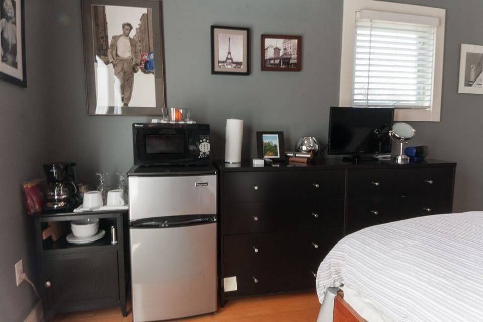 Fridge, coffee maker, microwave. 