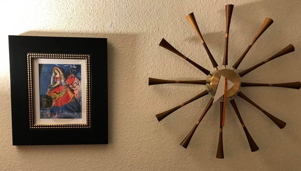 Art pieces include this Chagal print and Nelson clock.