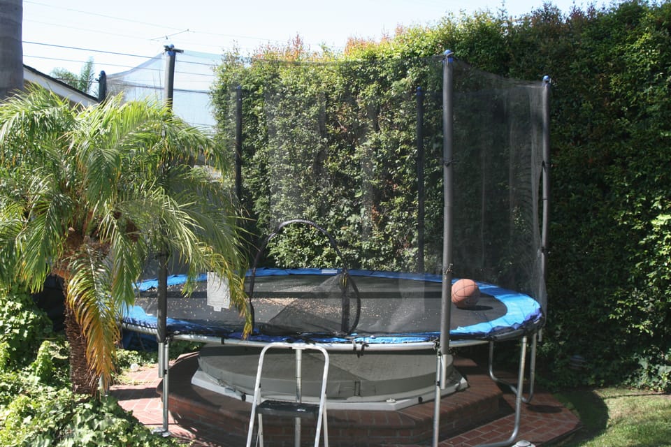 Trampoline in the back for the kids. In addition, there is a basketball hoop 