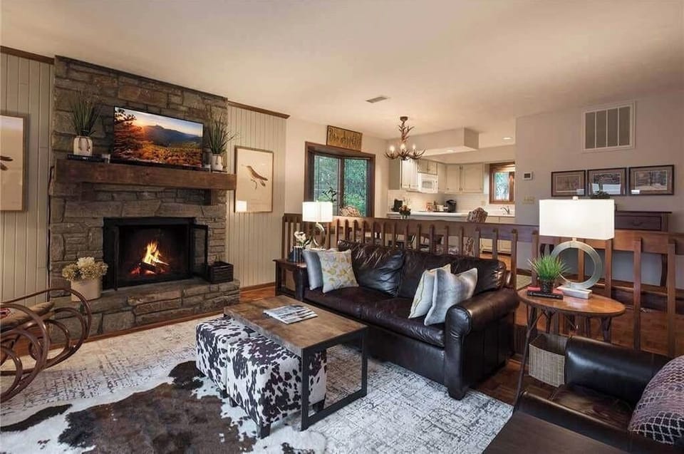 Cozy living area with wood burning fireplace