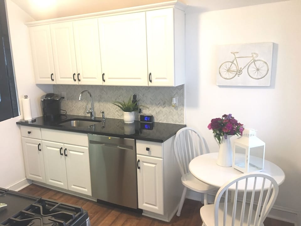 Updated/remodeled kitchen with modern stainless steel appliances.