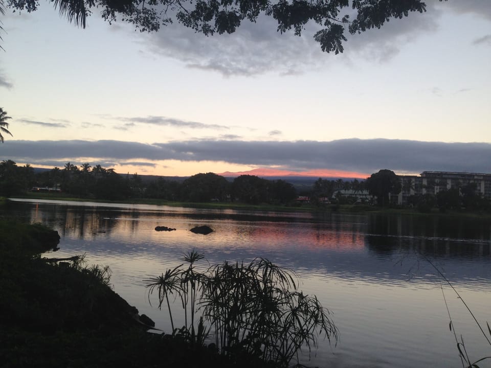 Wailoa State Park in Hilo, Mauna Kea golden at sunrise