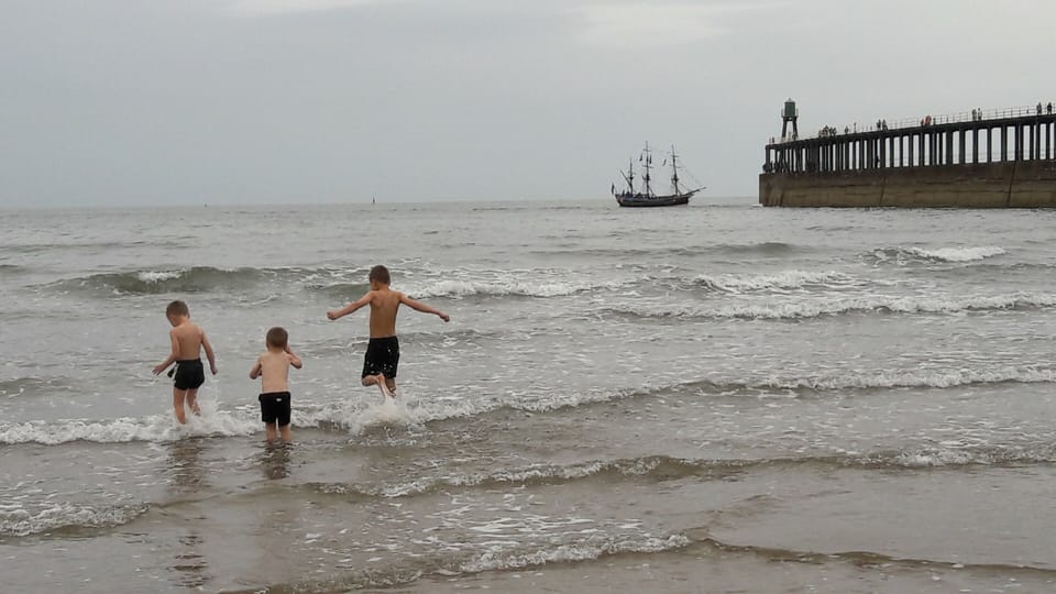 afternoon swim, Endeavour ship at the pier