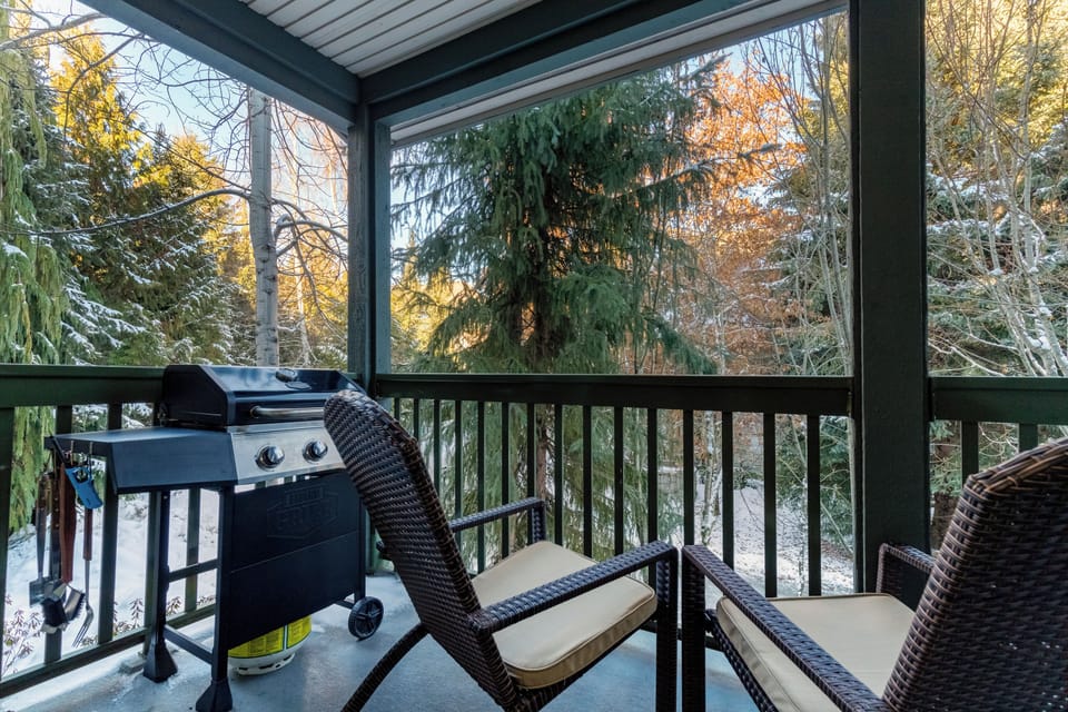 Balcony with a lovely view onto the forest and recently added BBQ