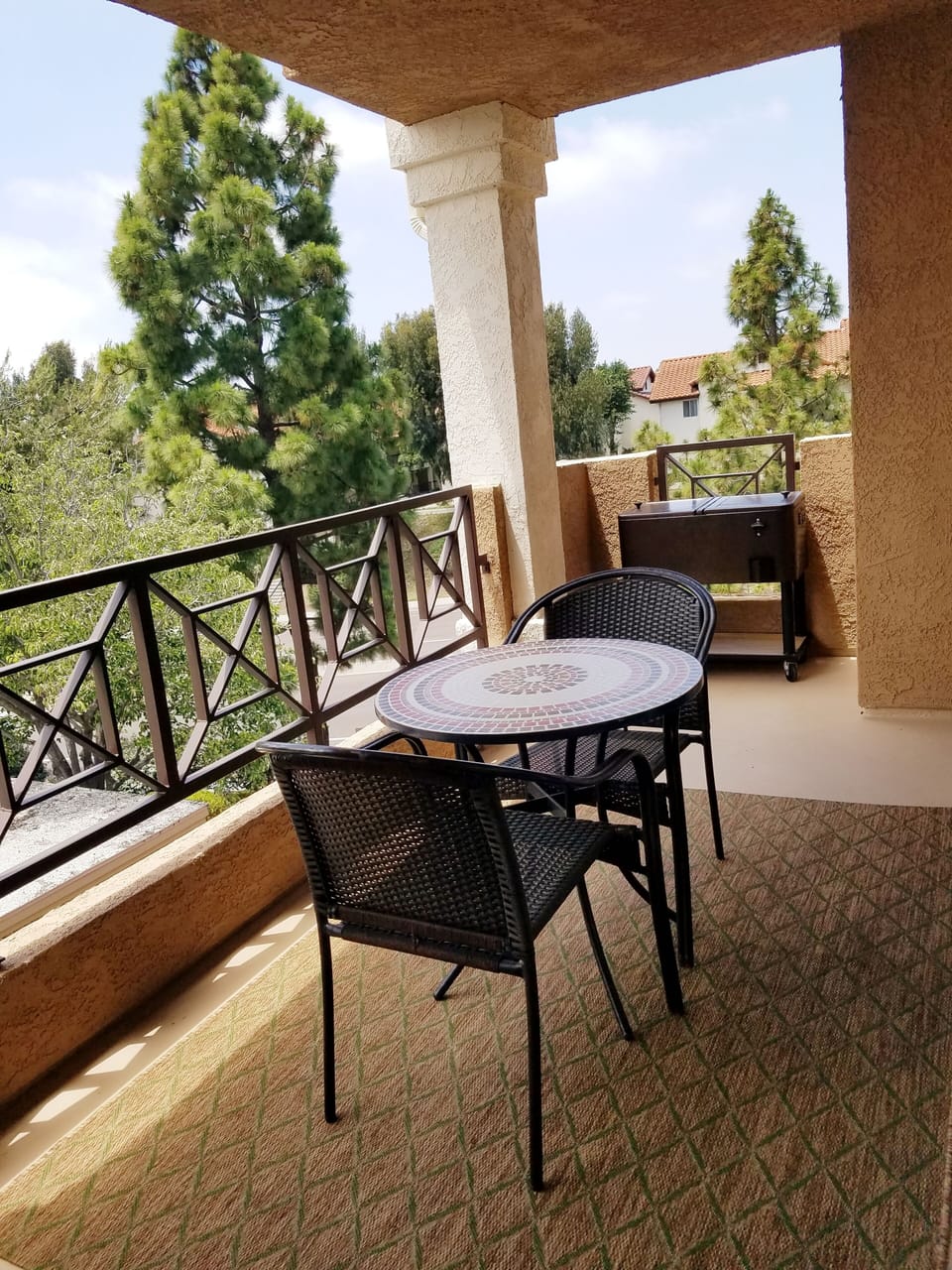 Patio includes table, chairs, yoga mat and a beverage cooler with ice packs. 
