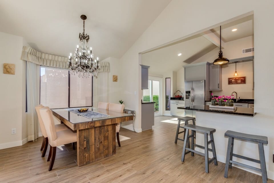 Dining table with 4 chairs and a side bench to accommodate 6 or 7 people 