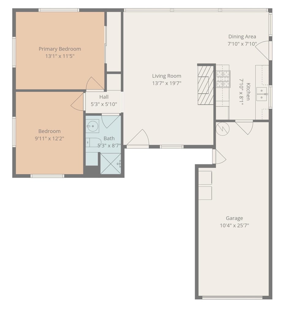 Spacious floor plan shows your two-bedroom layout with open living areas, full kitchen, and attached garage for convenient parking.