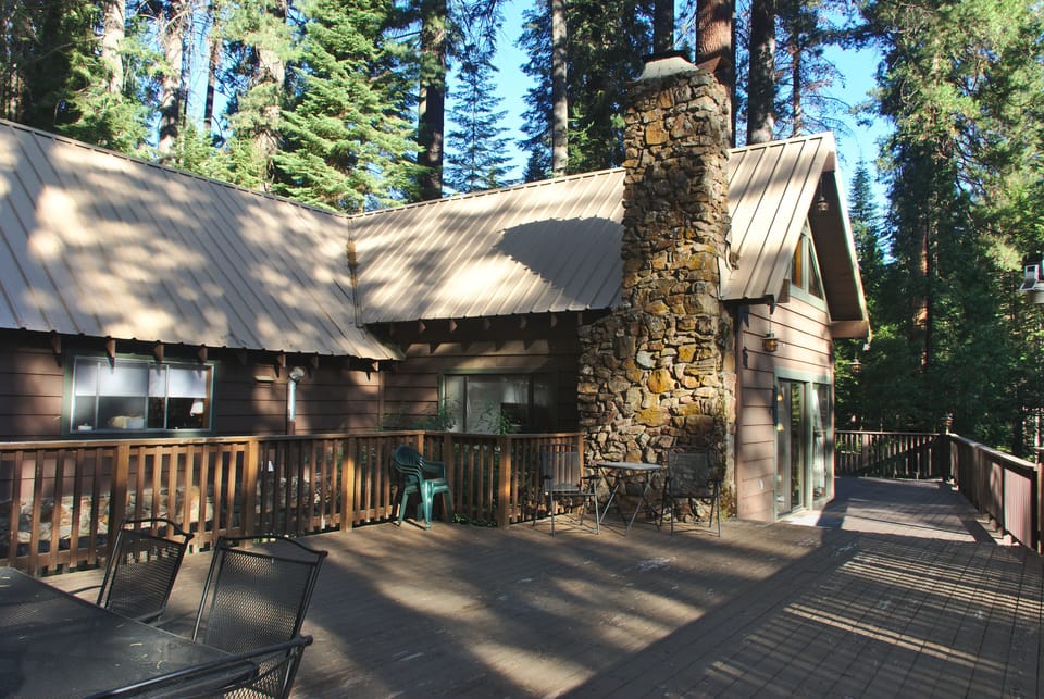 Large decks and patios surround the Big Pine cabin.