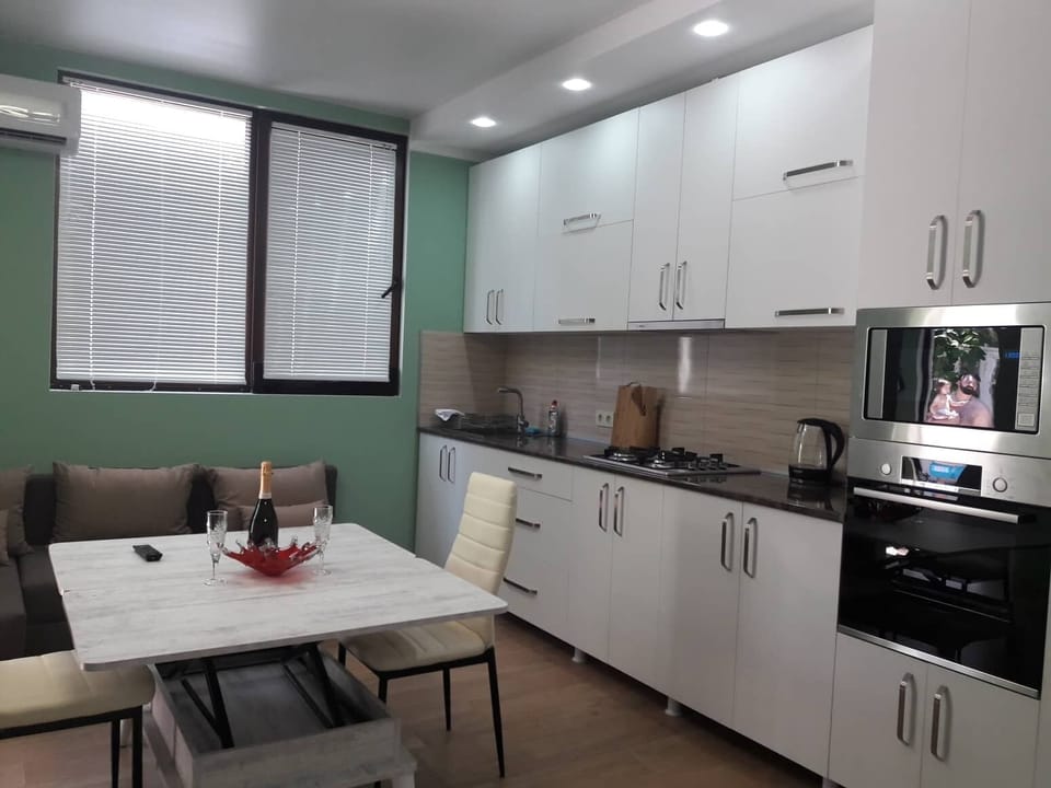 kitchen-studio room with brand new cabinets, stove, microwave and refrigerator.