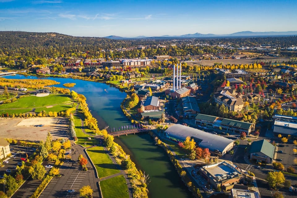 Deschutes River, walking/bike paths, and the Old Mill District.