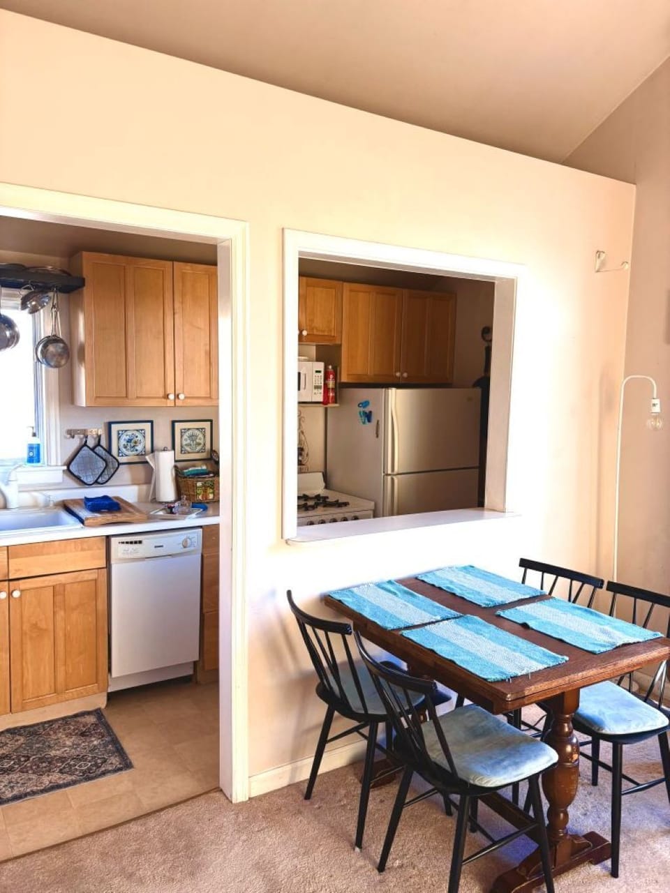 Full kitchen, as seen from the great room, with expandable dining table
