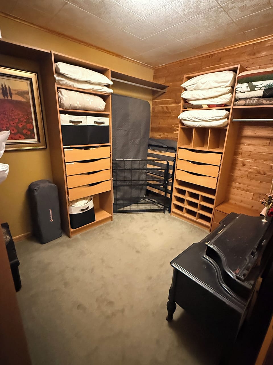 master closet has twin bed and frame, twin cot and pack and play.