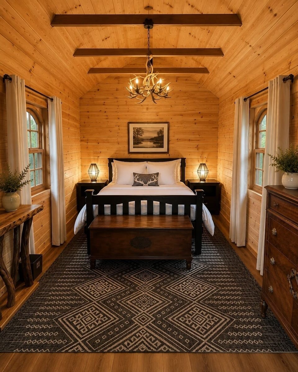 Mini cabin bedroom with smart tv. Wifi extender and electric fireplace. 