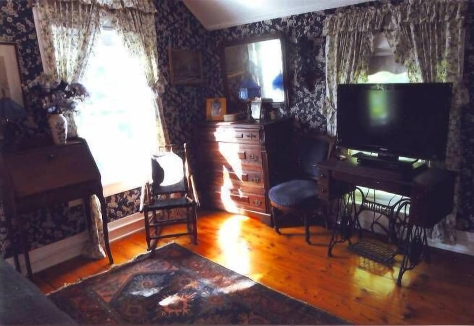 View from Bed in Main Bedroom, Large tv on old Singer Sewing machine