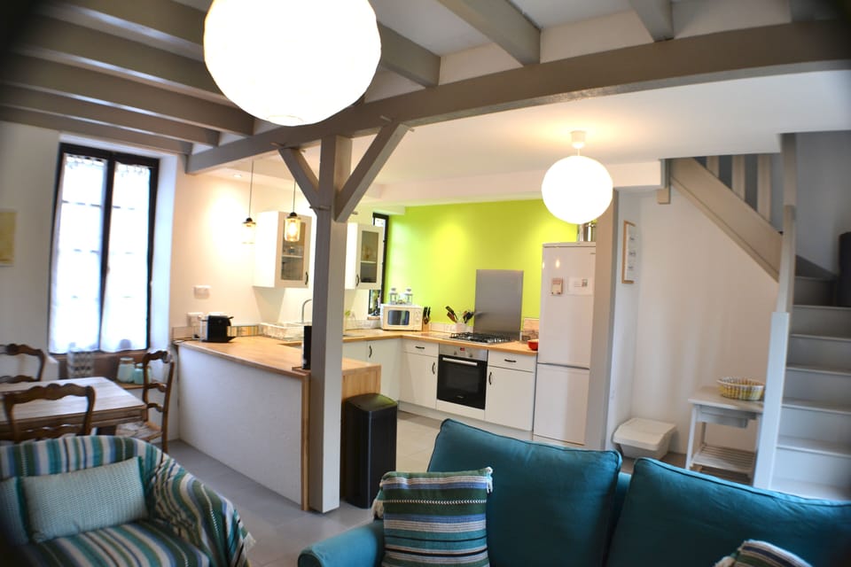 A view from the living space to the kitchen area