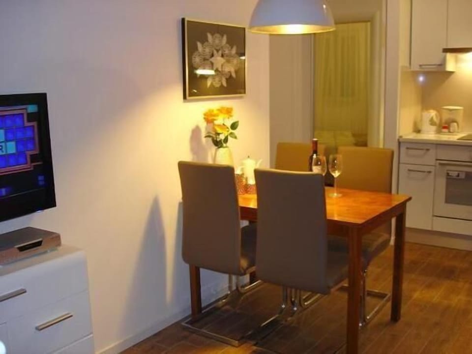 Dining area. Popular Blue beach ,150m, easy walking from apartment