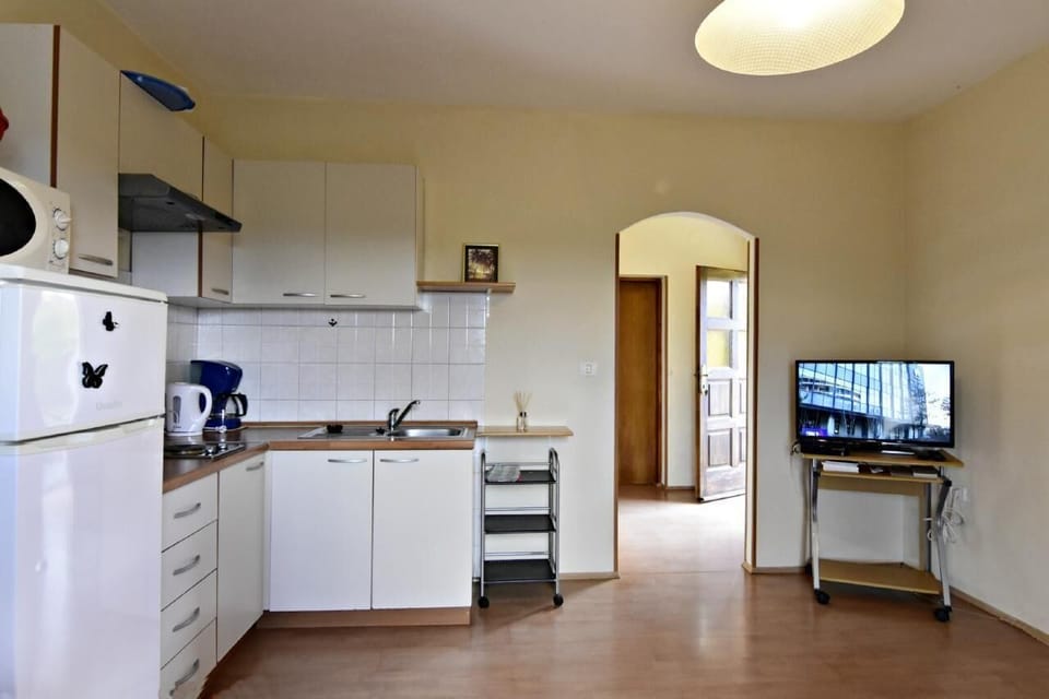 The kitchen, flat-screen satellite TV, and hall